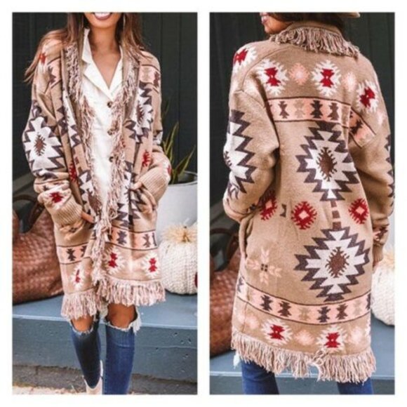New Aztec Fringe Cardigan Sweater Coat - Picture 5 of 8